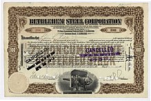 A preferred share of Bethlehem Steel Corporation, issued July 6, 1911 Bethlehem Steel 1911.jpg