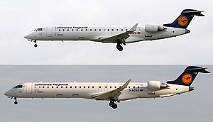 Bombardier CRJ700 nahoře, dole prodloužená verze CRJ900 (Verze CRJ1000 je delší než CRJ900) společnosti Lufthansa