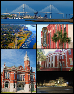 ブランズウィック港（上）、オールドタウン国定歴史地区（中左）、リッツ劇場（中右）、旧ブランズウィック市庁舎（下左）グリン・アカデミーとカレッジ・オブ・コースタル・ジョージア（下右）