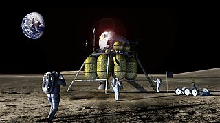 Astronauten mit der Altair-Landefähre auf dem Mond (Computergrafik)