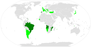 Bản đồ các quốc gia thành viên của CPLP (xanh đậm), thành viên liên kết (xanh nhạt).