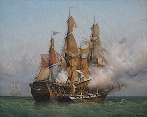 East Indiaman Kent (left) battling Confiance, a privateer commanded by French corsair Robert Surcouf in October 1800, as depicted in a painting by Ambroise Louis Garneray. Confiance Kent fight.jpg
