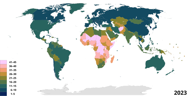 Countries by birth rate Crude Birth Rate Map by Country.svg