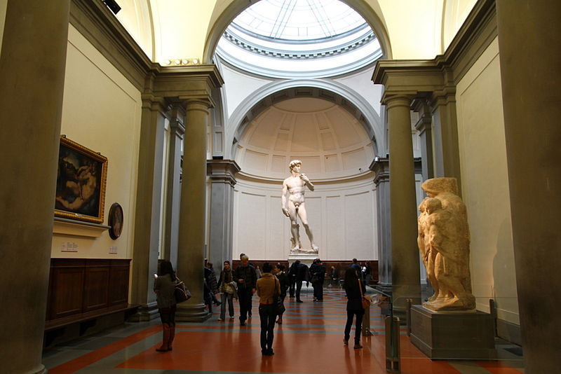 The David of Michelangelo, at the Galleria dell'Accademia with the Pietà of Palestrina on its right.