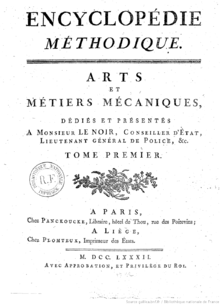 First page of the Encyclopedie methodique published in 1782 (Panckoucke, Paris). Encyclopedie methodique T1 1782.png