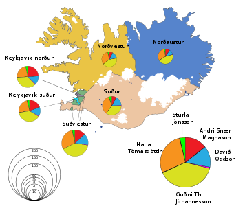 Ergebnisse nach Wahlkreisen (die relative Fläche der Kreise entspricht der jeweiligen Wählerzahl)