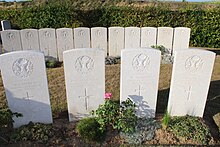 Soldiers of the Gordon Highlanders all fallen on 1 July 1916, the first day of the Battle of the Somme Gordon Cemetery, Mametz 16.jpg