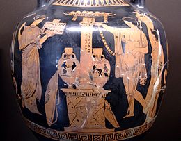 An amphora depicting a Greek hero cult in honor of Oedipus (Apulian red-figure, 380-370 BC) Hero cult Louvre CA308.jpg