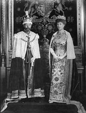 King George V and Queen Mary photographed in the Robing Room, ready for the State Opening of Parliament. King George V and Queen Mary at a State Opening of Parliament.jpg