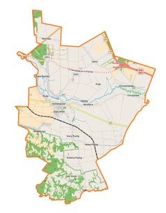Mapa konturowa gminy Końskowola, na dole nieco na lewo znajduje się punkt z opisem „Las Stocki”