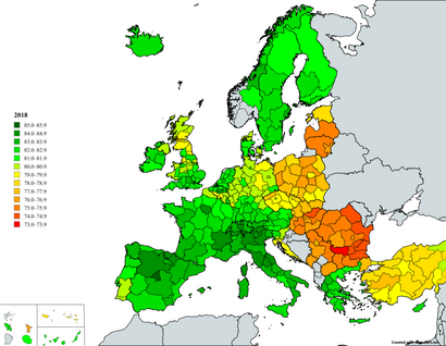 Life expectancy in European regions by Eutostat -2018.png