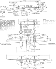 A 3-view line drawing of a P-38L Lockheed P-38L Lightning 3-view line drawing.png
