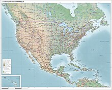 A map of North America's physical, political, and population characteristics as of 2018 Map of populous North America (physical, political, population).jpg