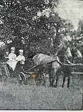 Tenant les rênes d'un attelage à deux chevaux, Marie-Henriette, et sa fille Louise, toutes deux vêtues de clair portent un petit chapeau, derrière le landau se tient un piqueur coiffé d'un haut-de-forme