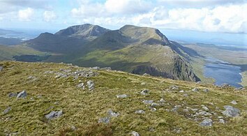 Mweelrea (back left), and Ben Lugmore (centre), viewed from the east on the summit of Ben Gorm