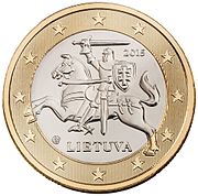 Eine 1-Euro-Münze mit Vytis, verwendet seit dem 1. Januar 2015