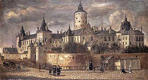 Tre Kronor från Slottsbacken, oljemålning 1661 av Govert Camphuysen. Högborgens rikssalslänga visas framför kärntornet och Johan III:s kungsvåning mellan de två tornen till vänster. Längst ner till höger lejonkulan.