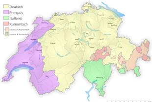 Linguistic map of Switzerland. In green, the areas with an Italian-speaking majority. Swiss languages.png