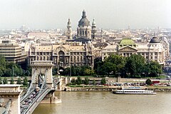 Széchenyi Chain Bridge, Gresham Palace and Saint Stephen's Basilica, Budapest sights.jpg
