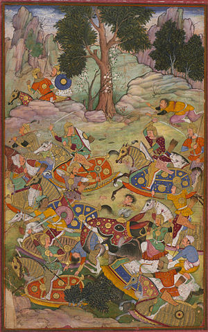 Panipatin taistelu ja sulttaani Ibrahimin kuolema. Kuvitusta teoksesta Baburnama (Baburin muistelmat) 1500-luvun lopulta.