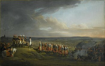 Colored painting showing Napoleon receiving the surrender of General Mack, with the city of Ulm in the background.