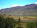 Flóðið and some mounds of the Vatnsdalshólar (left), with the steep incline of Vatnsdalsfjall in the background