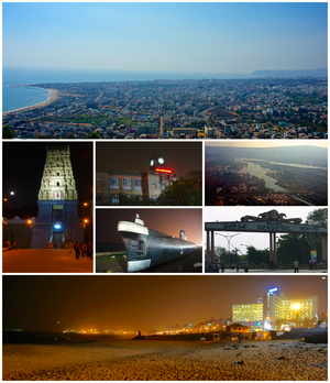 Top to bottom, left to right: A view of Visakhapatnam and the Bay of Bengal from Kailasagiri Park, Simhachalam Temple, King George Hospital, Visakhapatnam Port, the Kursura Submarine Museum, the Visakhapatnam Steel Plant, and Ramakrishna Mission Beach