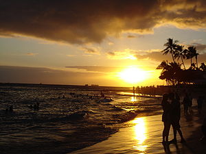 Waikiki Beach at sunset, looking east from the...