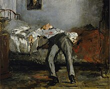 Le Suicide by Edouard Manet depicts a man who has recently committed suicide via a firearm. Edouard Manet - Le Suicide (ca. 1877).jpg