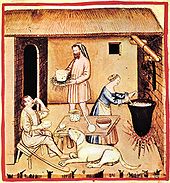Preparing and serving cheese; Tacuinum Sanitatis, 14th century 9-alimenti, formaggi,Taccuino Sanitatis, Casanatense 4182..jpg