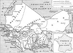 Bản đồ của bảy thuộc địa của Tây Phi thuộc Pháp năm 1936. Lưu ý rằng thuộc địa thứ tám, Thượng Volta của Pháp Đó là trong thời kỳ này được phân chia giữa các nước láng giềng. Sudan thuộc Pháp cũng chứa một phần lớn ngày nay là nửa phía đông của Mauritanie.
