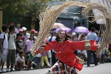 A Hiligaynon woman depicting a babaylan (Visayan shaman) during a festival. According to Spanish records, majority of pre-colonial shamans were women, while the other portion was composed of feminized men. Both of which were treated by the natives with high respect, equal to the datu (domain ruler). Due to Spanish colonization, many of the islands' shamans were brutalized in the name of Christianity, misogyny, and racism. Babaylan Festival in Bago City.jpg