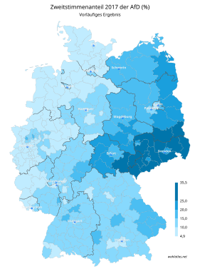 AfD (sterkest blå viser størst oppslutning) 4,9 – 10 % > 10 – 15 % > 15 – 20 % > 20 – 25 % > 25 – 35,5 %