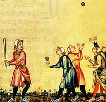 A medieval "club ball" game involving an underarm bowl towards a batter. Ball catchers are shown positioning themselves to catch a ball. Detail from the Canticles of Holy Mary, 13th century. Cantigas de Santa Maria - Xogo da pelota.jpg