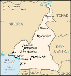 Carte du Cameroun, avec la République centraficaine à l'est.
