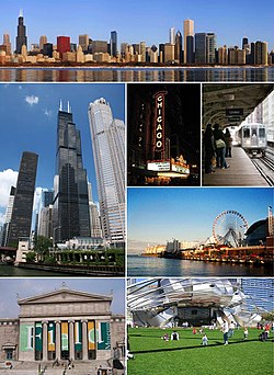 From top, left to right: Skyline of Downtown Chicago, Willis Tower, Chicago Theatre, Chicago "L", Navy Pier, Field Museum, Pritzker Pavilion