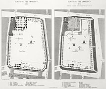 Plan du cimetière et de l'église des Innocents en 1550 et 1780.