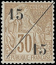 Timbre 30 c. type Alphée Dubois des Colonies françaises (1881).