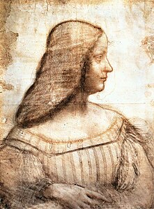 Léonard de Vinci, Isabelle d'Este, pierre noire, sanguine et estompe, craie ocre, vers 1500.