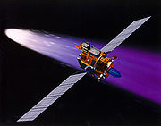 Artist rendering of Deep Space I's flyby of comet 19P/Borrelly Deep Space 1 using its ion engine.jpg