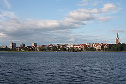 View of Ełk across the Ełk Lake