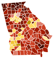 Map of counties in Georgia by racial plurality, per the 2020 U.S. census
Legend
.mw-parser-output .col-begin{border-collapse:collapse;padding:0;color:inherit;width:100%;border:0;margin:0}.mw-parser-output .col-begin-small{font-size:90%}.mw-parser-output .col-break{vertical-align:top;text-align:left}.mw-parser-output .col-break-2{width:50%}.mw-parser-output .col-break-3{width:33.3%}.mw-parser-output .col-break-4{width:25%}.mw-parser-output .col-break-5{width:20%}@media(max-width:720px){.mw-parser-output .col-begin,.mw-parser-output .col-begin>tbody,.mw-parser-output .col-begin>tbody>tr,.mw-parser-output .col-begin>tbody>tr>td{display:block!important;width:100%!important}.mw-parser-output .col-break{padding-left:0!important}}
Non-Hispanic White
.mw-parser-output .legend{page-break-inside:avoid;break-inside:avoid-column}.mw-parser-output .legend-color{display:inline-block;min-width:1.25em;height:1.25em;line-height:1.25;margin:1px 0;text-align:center;border:1px solid black;background-color:transparent;color:black}.mw-parser-output .legend-text{}
30-40%
40-50%
50-60%
60-70%
70-80%
80-90%
90%+
Black or African American
40-50%
50-60%
60-70%
70-80% Georgia Counties by race (2020 census).svg