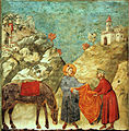 San Francisco dando su manto a un pobre, en la basílica superior de San Francisco de Asís, de Giotto o Pietro Cavallini, ca. 1290-1300.