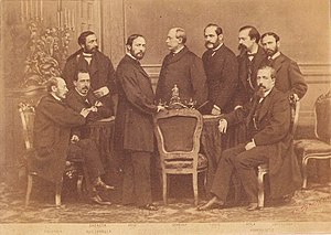 Gobierno Provisional, 1869. Figuerola, Sagasta, Ruiz Zorrilla, Prim, Serrano, Topete, López Ayala, Romero Ortiz y Lorenzana (foto de J. Laurent).