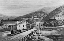 Dessin en noir et blanc du départ d'un train de la gare de Heidelberg en 1840