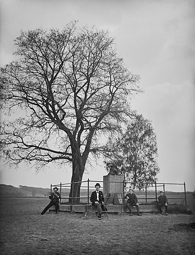 Denkmal für Hauptmann Hirsch mit sitzenden Herren und Kindern auf dem Sockel der Einfriedung, daneben eine Robinie und Birken etwa 1900