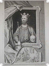 Darstellung von Edward II., die untere Szene spielt auf die Art seiner Ermordung an