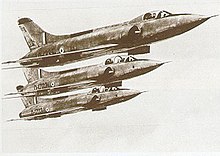 HAL HF-24 Maruts flying in formation. These were the first indigenous fighter jet to enter service with the IAF IAF Hf24 flying in formation.jpg