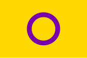 A yellow background with a purple circle in the middle, representing intersex people