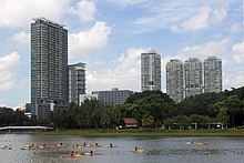 The Kallang River and Kallang Basin are favourite locations for water sports. The subzones of Lavender and Crawford are seen in the distance. Kallang River - panoramio (1).jpg